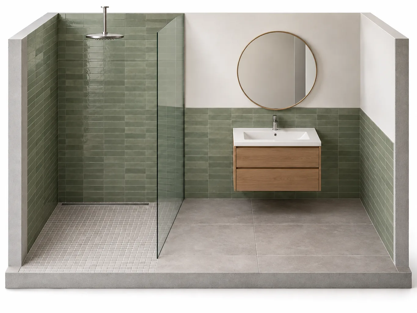 Schnittmodell eines Bads mit Dusche, Duschboden, Badboden und Waschtischwand