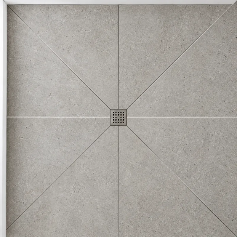 Draufsicht: vier Platten 60 × 60 cm mit diagonalen Schnitten zum Punktablauf