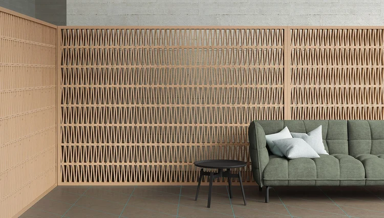 Wall with lattice tiles from the Celosia series by Mutina