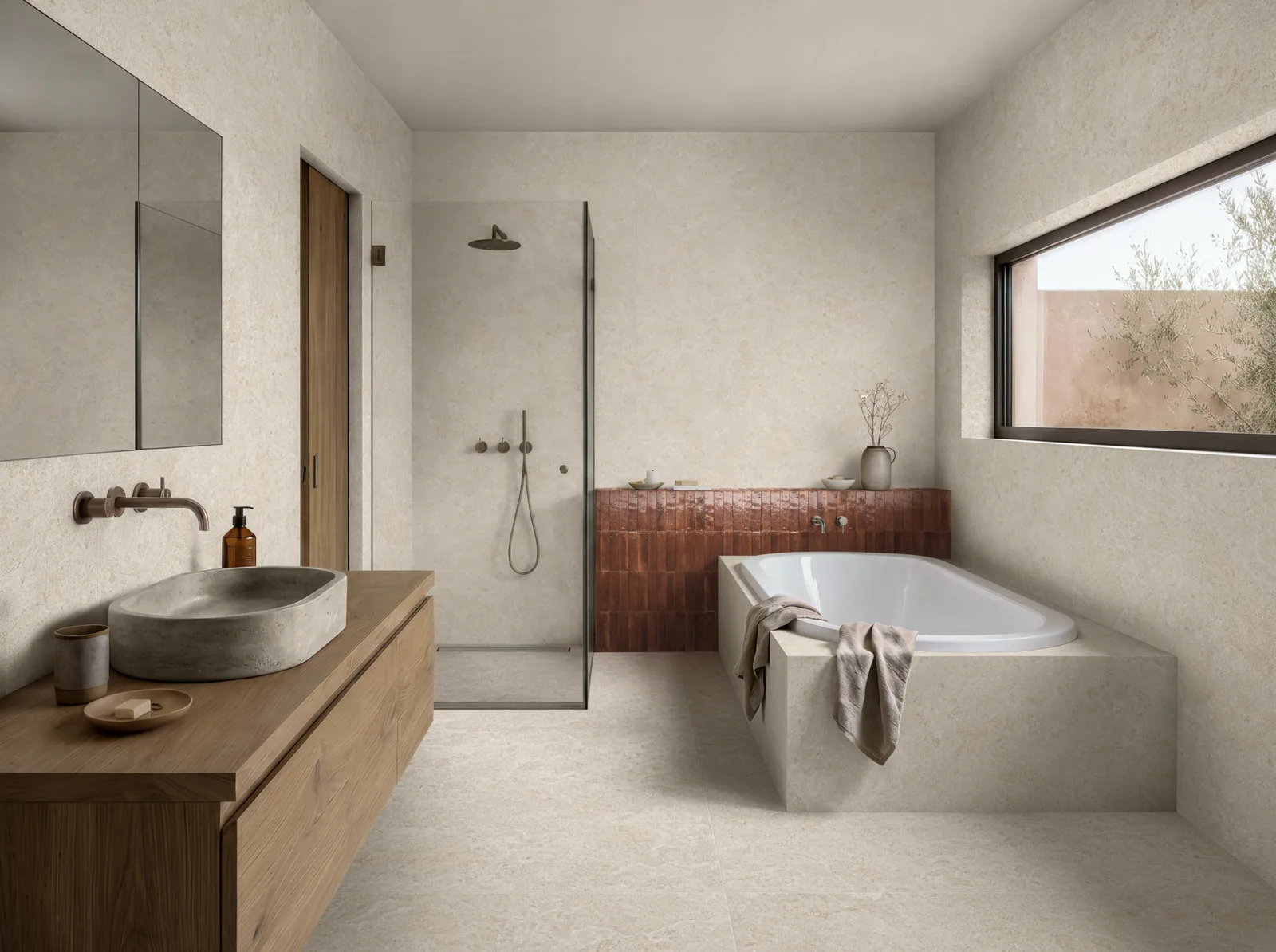Bad mit begehbarer Dusche, Boden und Wände in Marazzi Mystone Pietra di Sardegna Avorio