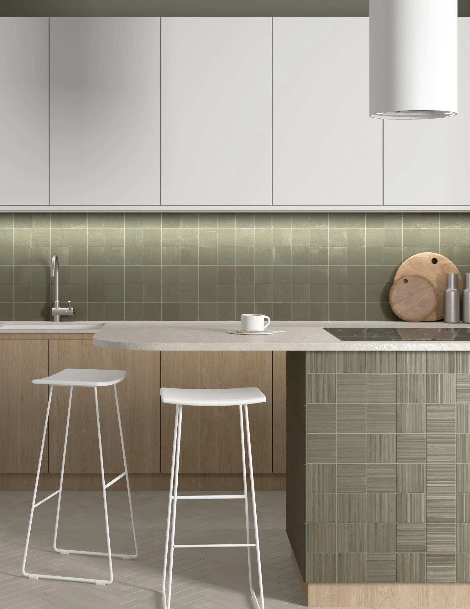 Küche mit matter, salbeigrüner Wand und Kücheninsel aus Equipe Hikari Sage 10 × 10 cm