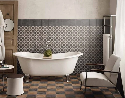 Bathroom with patterned wall tiles and a chequerboard floor by Marca Corona