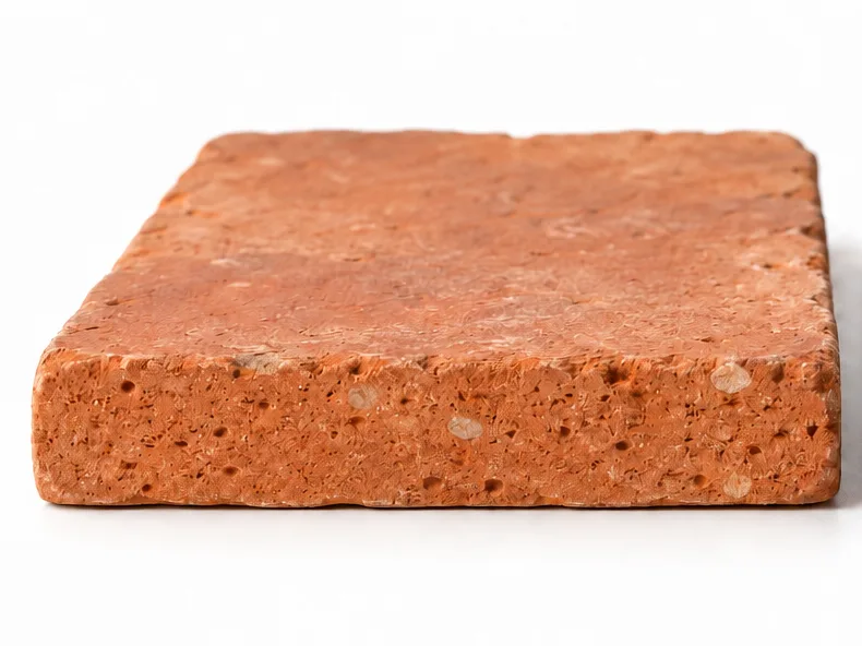 Materialstudie: Schnittkante von handgeschlagenem Cotto, 25 mm, poröser Ton