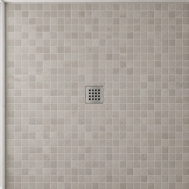 Draufsicht: Duschboden aus Mosaik 5 × 5 cm mit Punktablauf in der Mitte